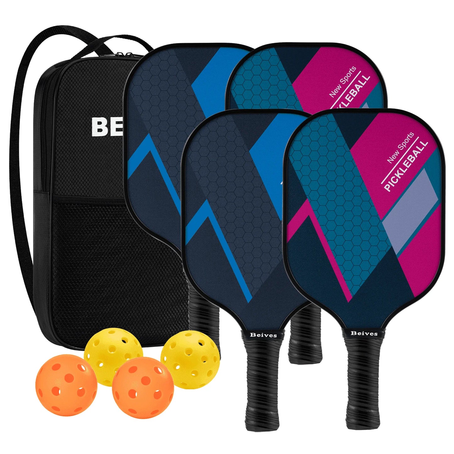 Pickleball Paddle Set of 4, with 4 Pickleball Anti-Slip Sweat-Absorbing Grip Portable Carry Bag, Fiberglass Pickleball Rackets for Men Women