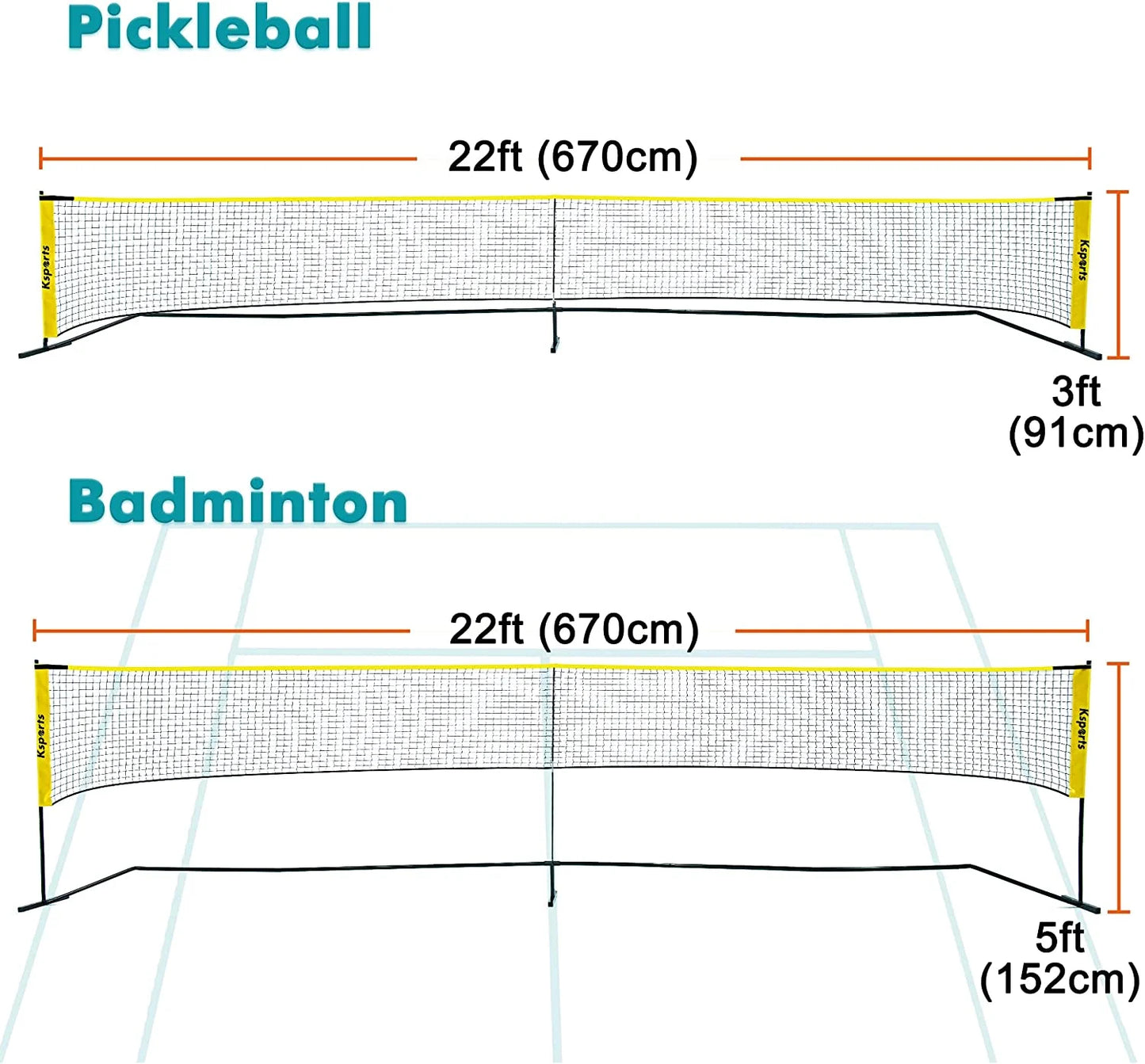 Regulation Size Pickleball Net 22 Feet Yellow, Can Be Used as Recreation Tennis or Badminton Net, Comprises of Pickleball Portable Net, 4 LED Shuttlecocks, Carry Bag and 2 Pickleballs