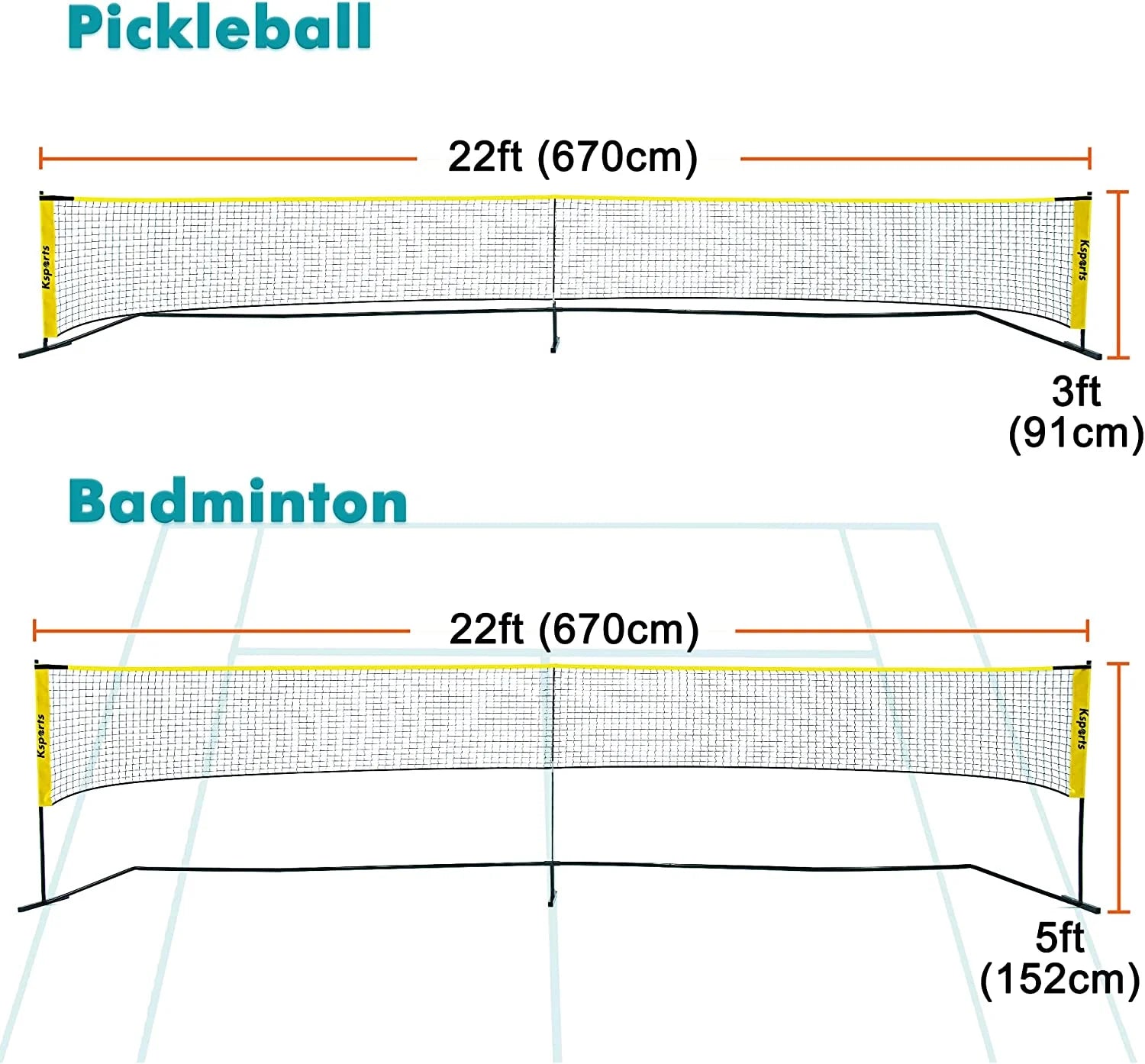 Regulation Size Pickleball Net 22 Feet Yellow, Can Be Used as Recreation Tennis or Badminton Net, Comprises of Pickleball Portable Net, 4 LED Shuttlecocks, Carry Bag and 2 Pickleballs