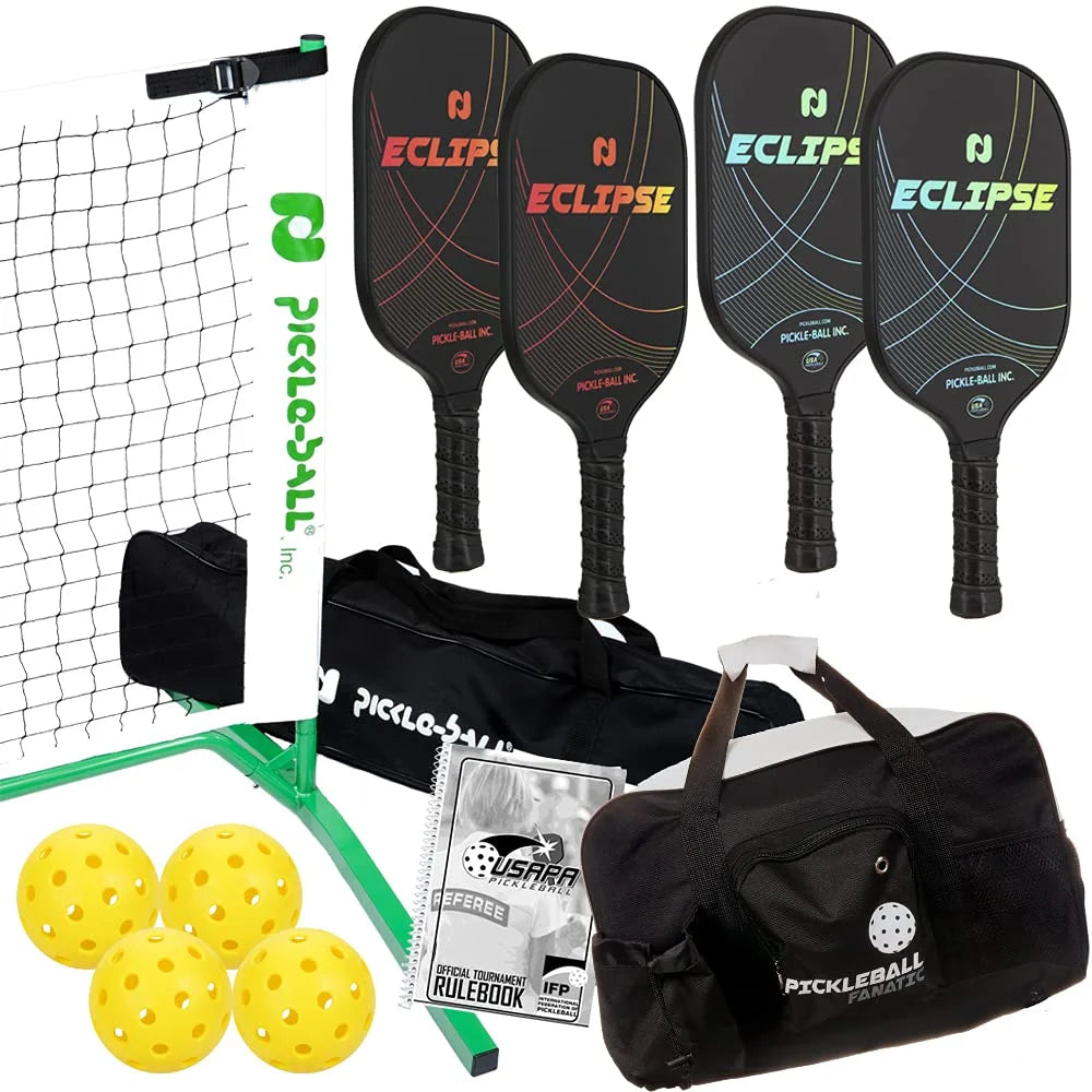 Champion Eclipse Graphite Complete Pickleball Set | Includes 3.0 Portable Net System + 4 Graphite Pickleball Paddles + 4 Outdoor Pickleballs + Pickleball Duffel Bag + USAPA Rulebook