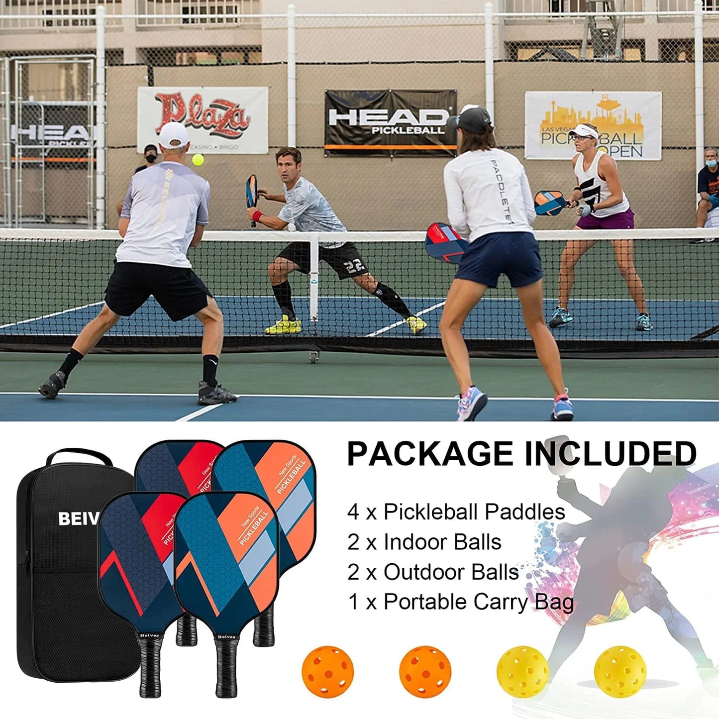 Pickleball Paddles, Fiberglass Pickleball Paddles Set of 4, Lightweight Pickleball Set with 4 Pickle Balls