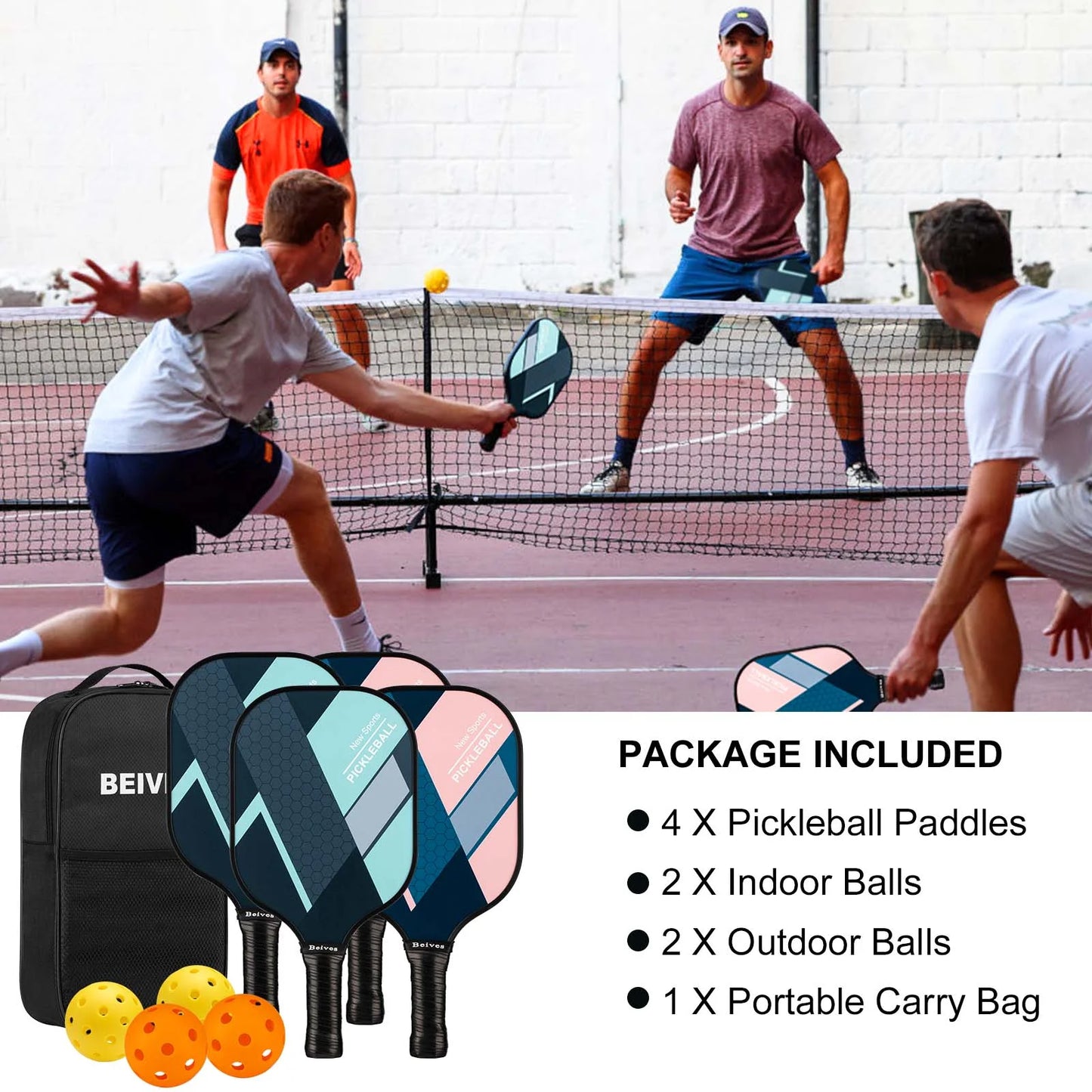 Pickleball Paddles Set, 7.9Oz Fiberglass Pickleball Paddle Racket, 4 Indoor Outdoor Pickle Balls, with Carry Bag