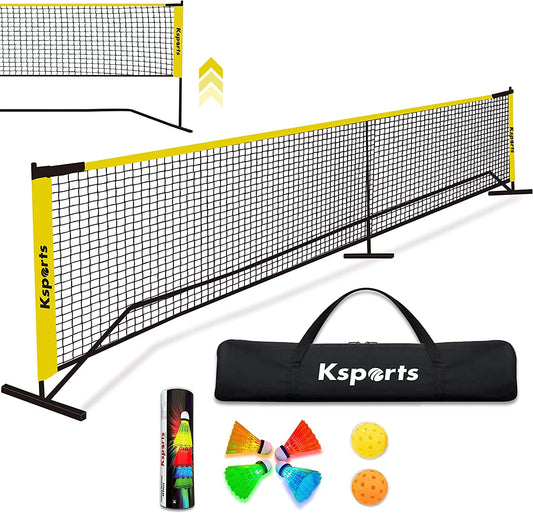 Regulation Size Pickleball Net 22 Feet Yellow, Can Be Used as Recreation Tennis or Badminton Net, Comprises of Pickleball Portable Net, 4 LED Shuttlecocks, Carry Bag and 2 Pickleballs