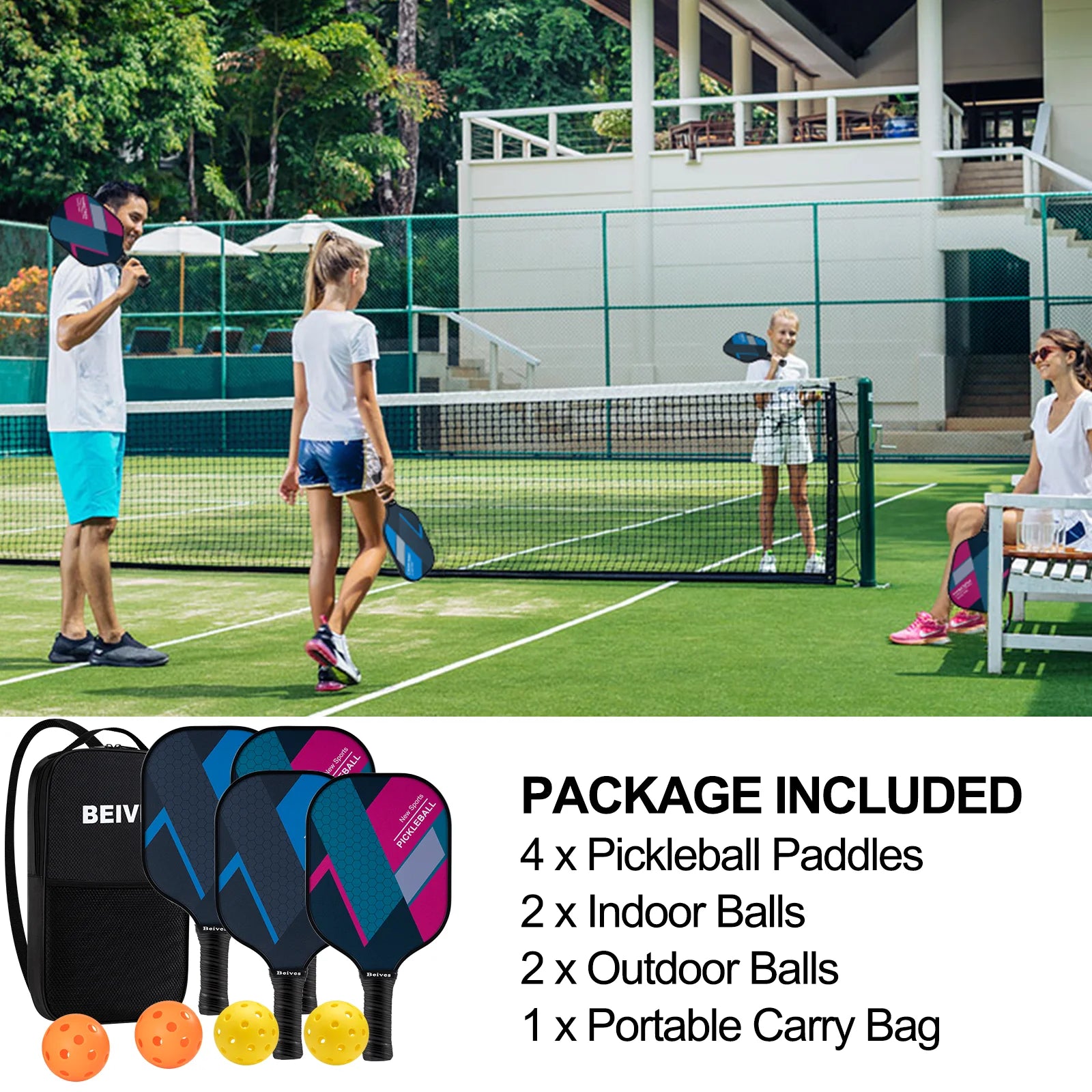 Pickleball Paddle Set of 4, with 4 Pickleball Anti-Slip Sweat-Absorbing Grip Portable Carry Bag, Fiberglass Pickleball Rackets for Men Women