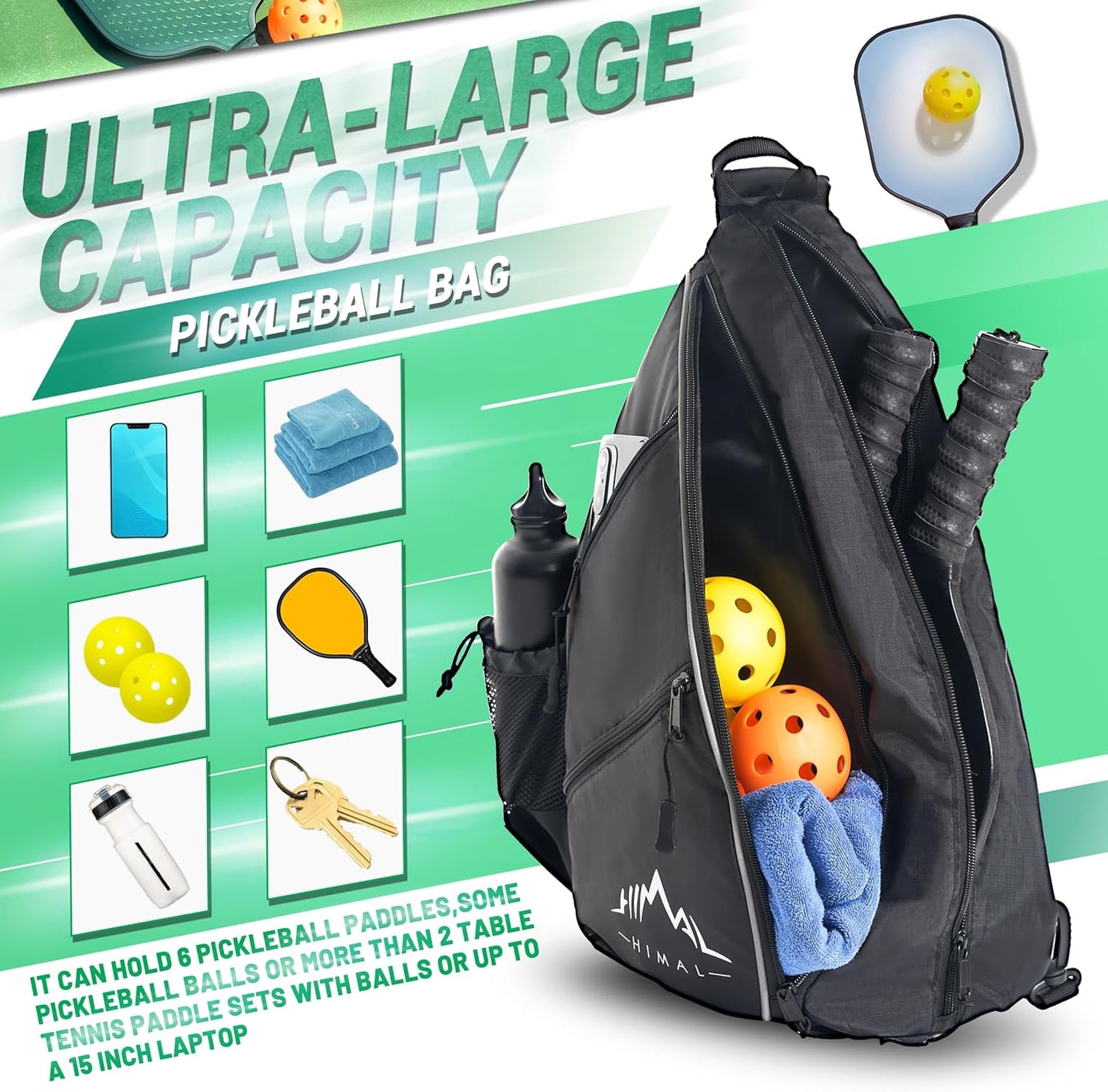 Pickleball Bag-Adjustable Pickleball,Tennis,Racketball Sling Bag-Pickleball Backpack with Water Bottle Holder for Men