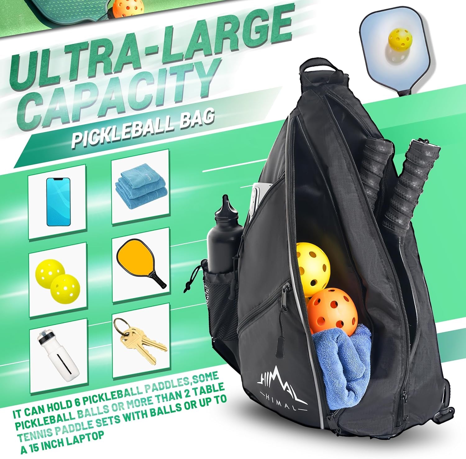 Pickleball Bag-Adjustable Pickleball,Tennis,Racketball Sling Bag-Pickleball Backpack with Water Bottle Holder for Men