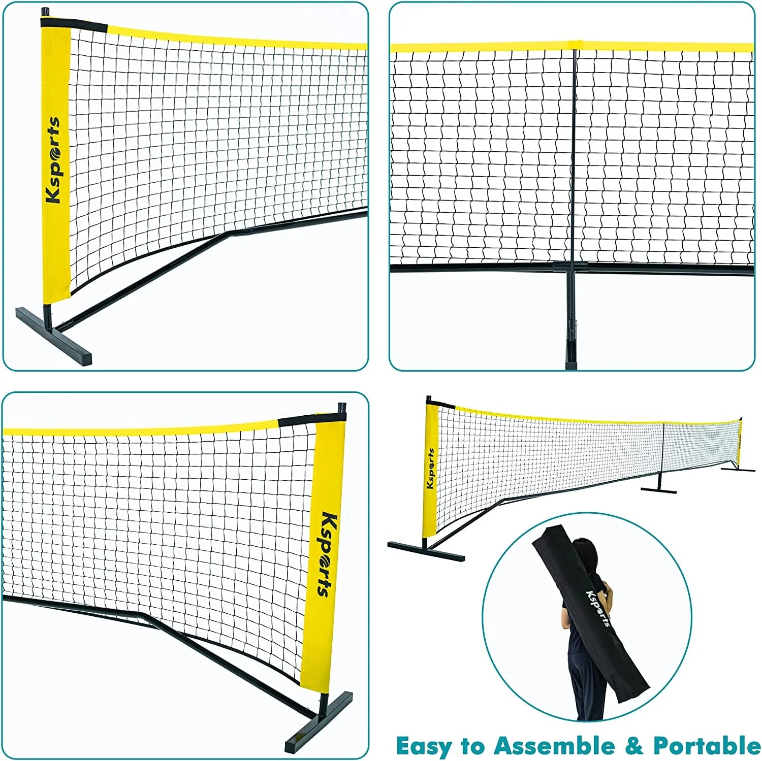 Regulation Size Pickleball Net 22 Feet Yellow, Can Be Used as Recreation Tennis or Badminton Net, Comprises of Pickleball Portable Net, 4 LED Shuttlecocks, Carry Bag and 2 Pickleballs