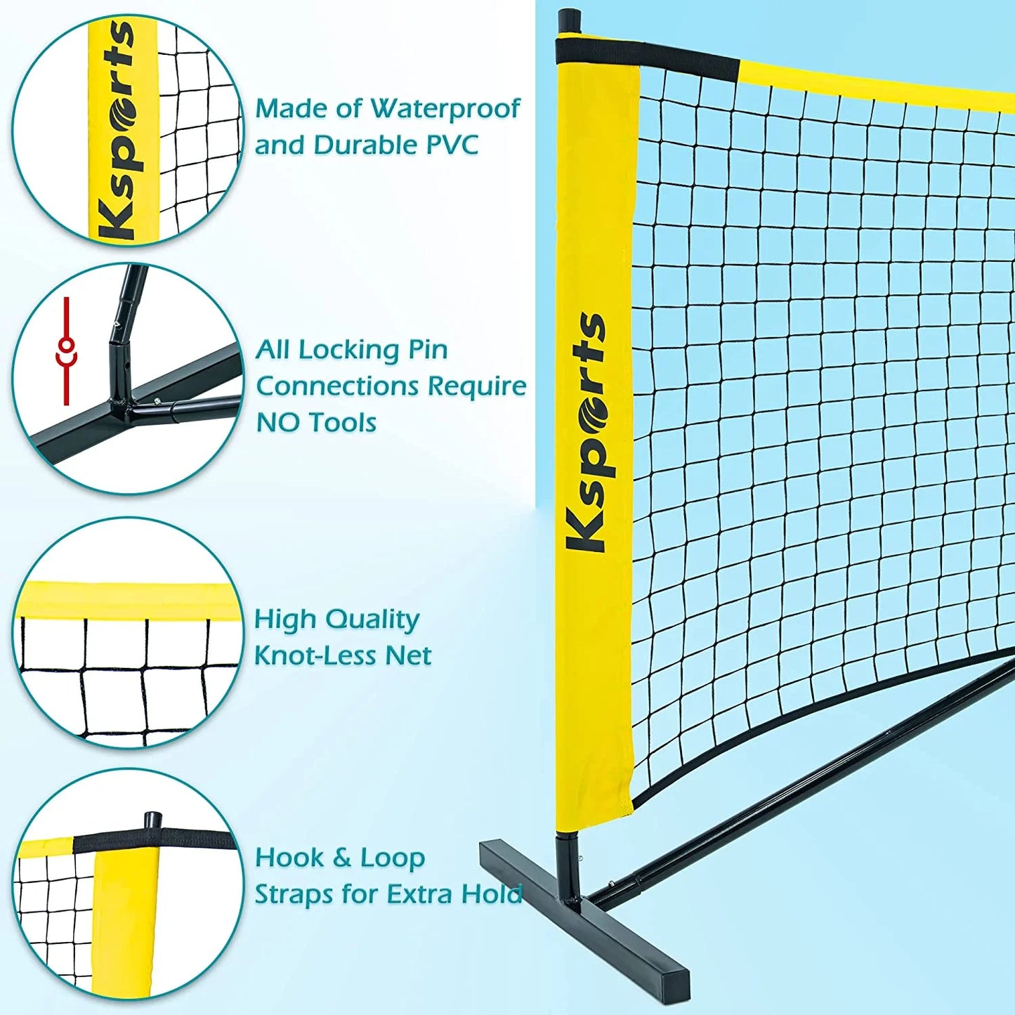 Regulation Size Pickleball Net 22 Feet Yellow, Can Be Used as Recreation Tennis or Badminton Net, Comprises of Pickleball Portable Net, 4 LED Shuttlecocks, Carry Bag and 2 Pickleballs