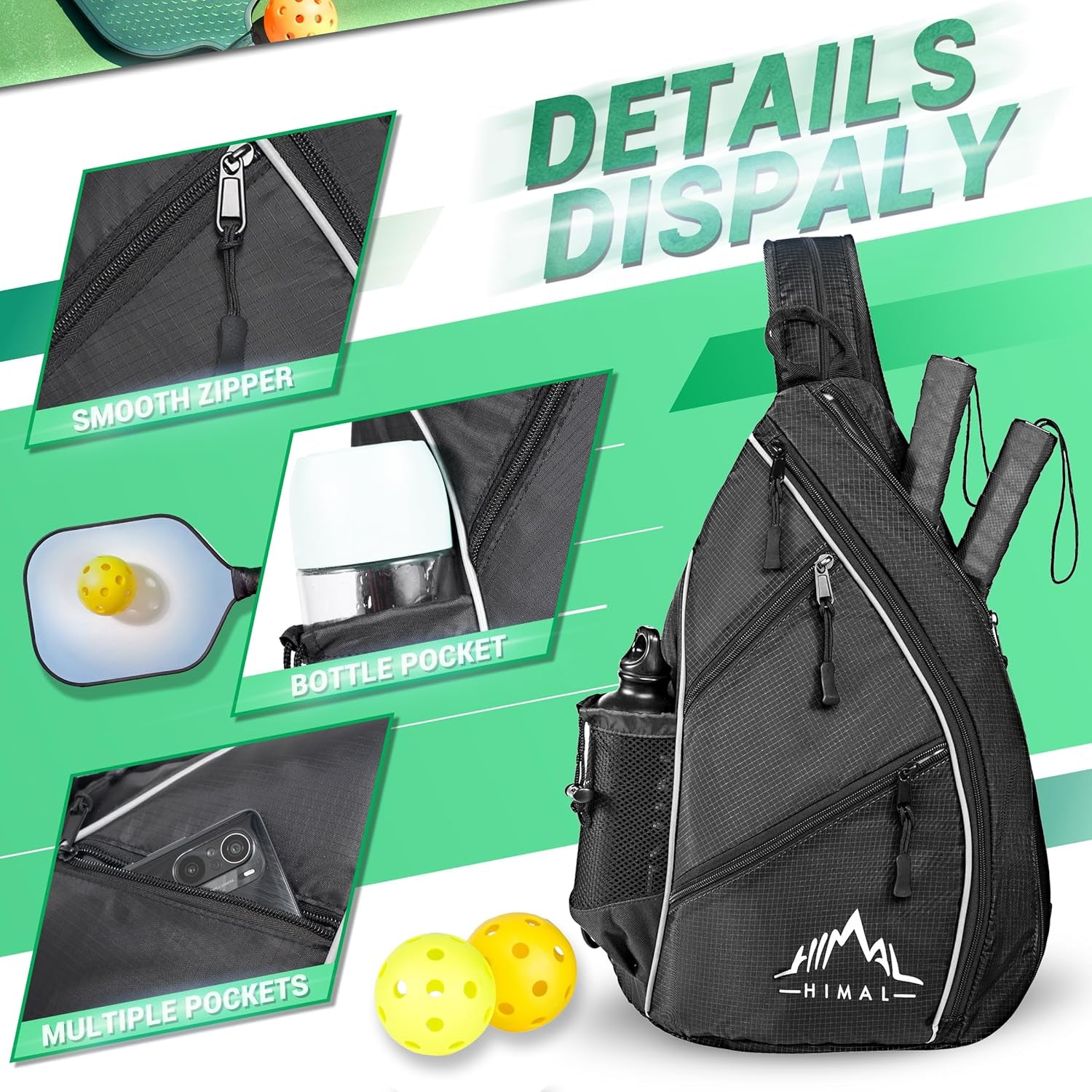 Pickleball Bag-Adjustable Pickleball,Tennis,Racketball Sling Bag-Pickleball Backpack with Water Bottle Holder for Men