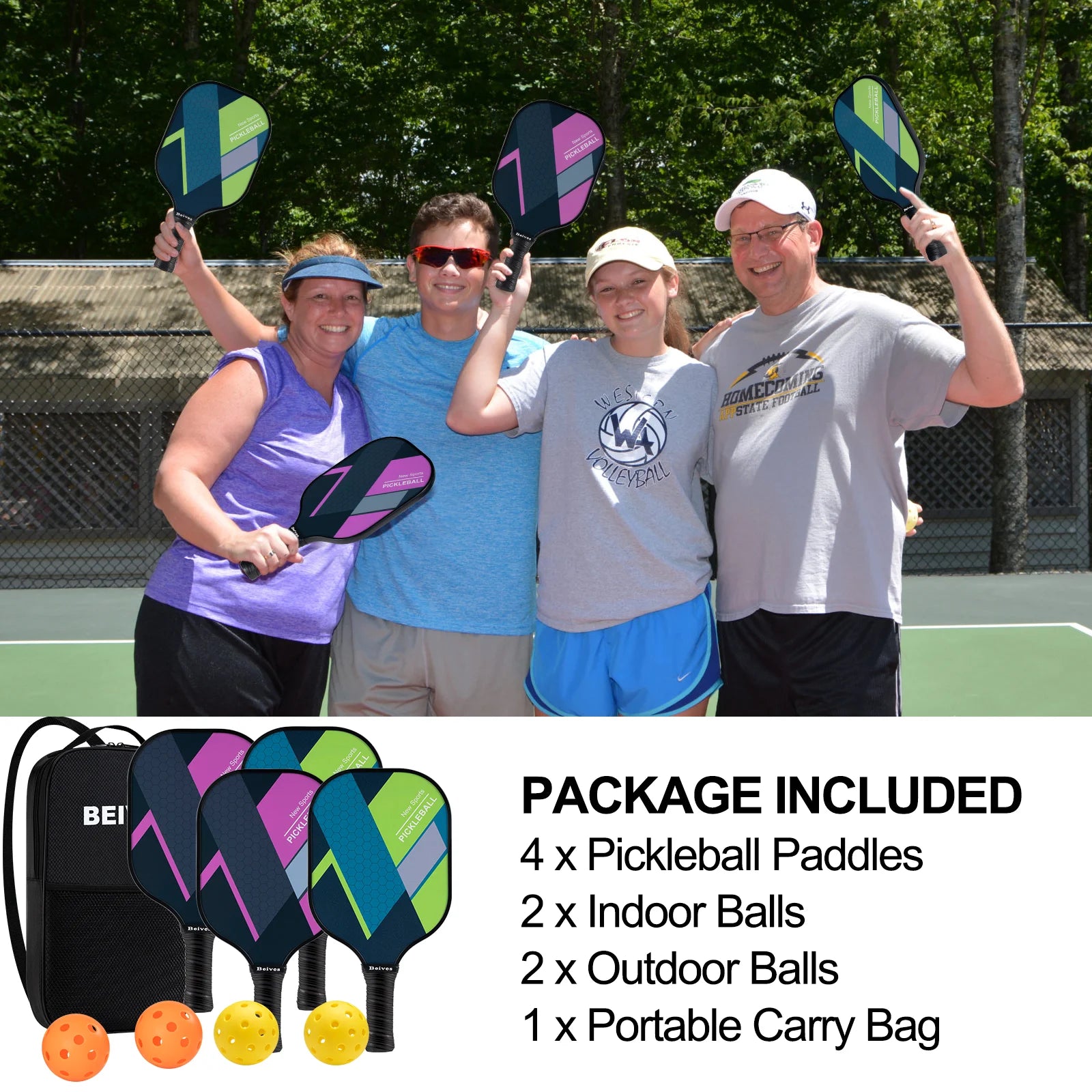 Pickleball Set of 4, Fiberglass Pickleball Paddles, Lightweight Pickle Ball Rackets Paddle Set, with Balls and Carry Case