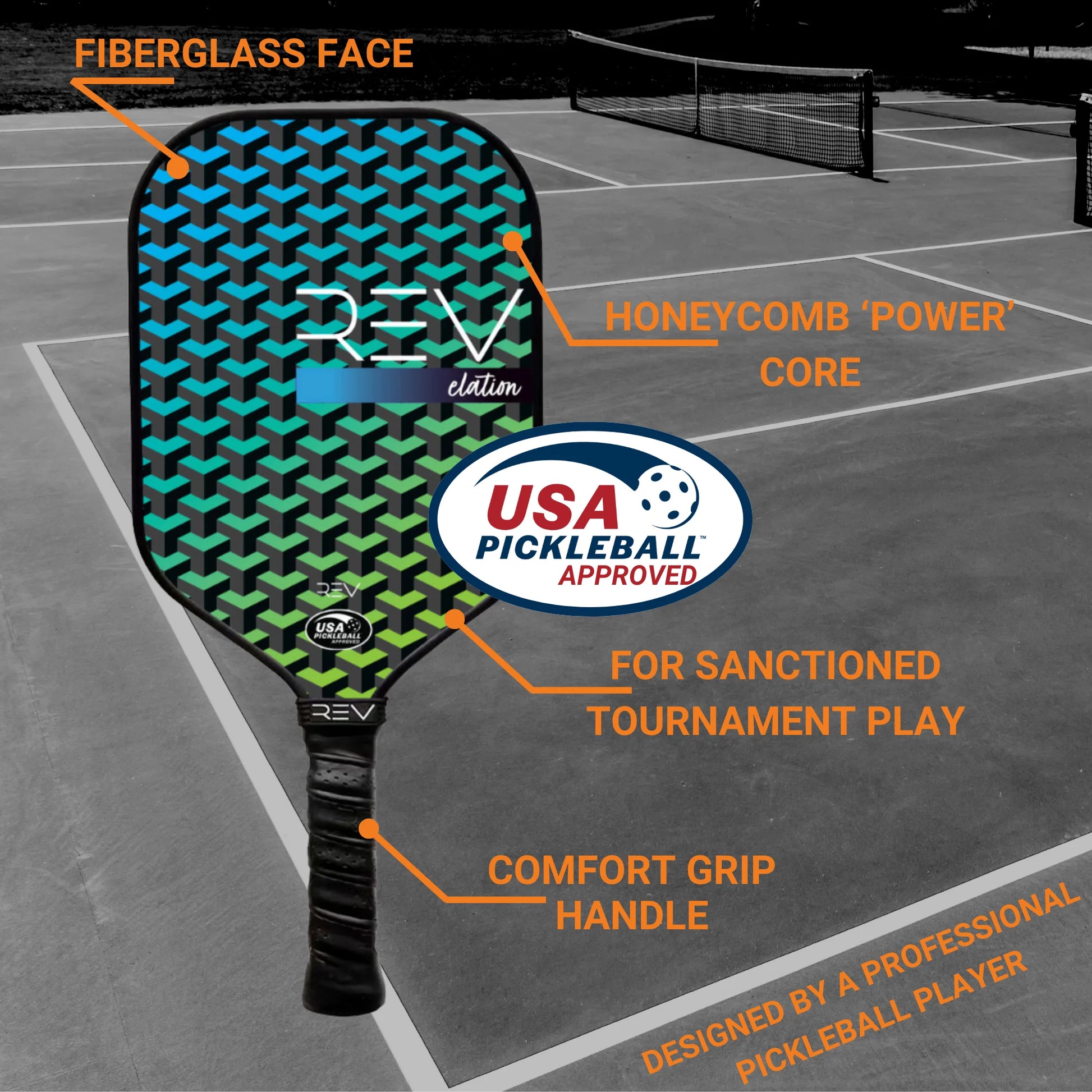 Pickleball Paddles - Pickleball Racket - Honeycomb Core - Fiberglass Face - Elation - Green