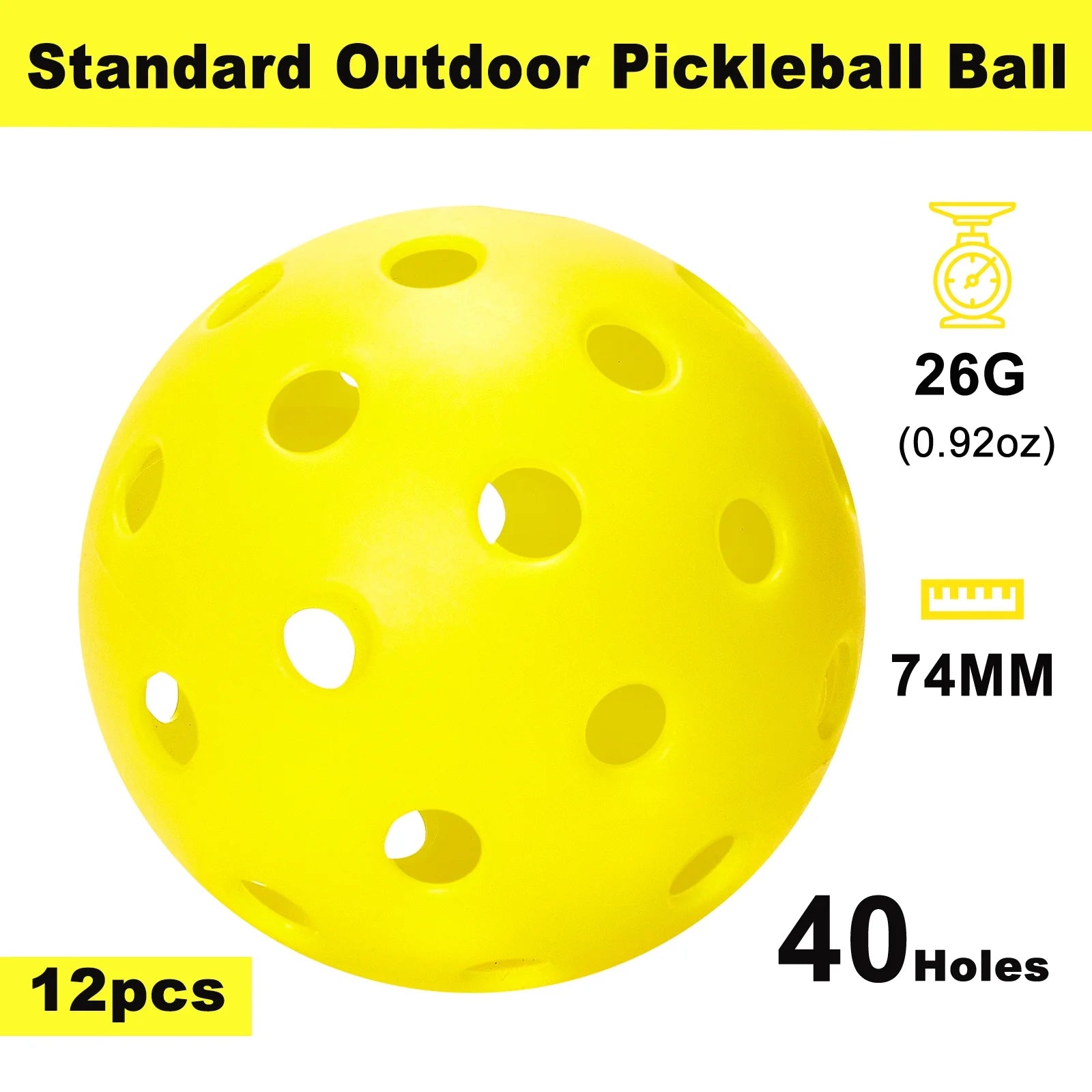 12 Pack Pickleballs, 40 Holes Outdoor Pickleball Balls for Outdoor Sanctioned Tournament, Training Practice Pickle Ball, High Visibility & Durable (Yellow)